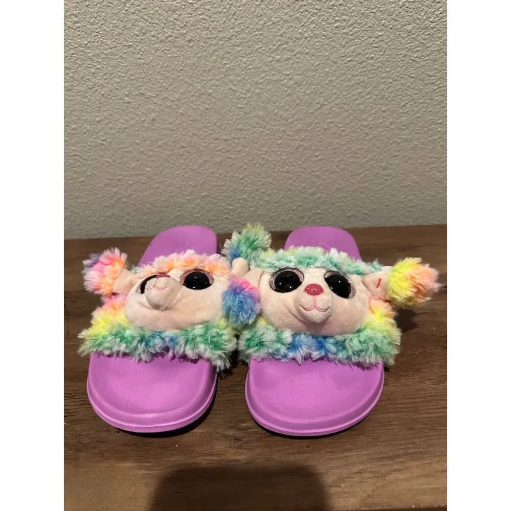 TY Beanie Boo Rainbow Plush Slide Sandals Slippers Girls Size 4-6 (EU 37) Pink